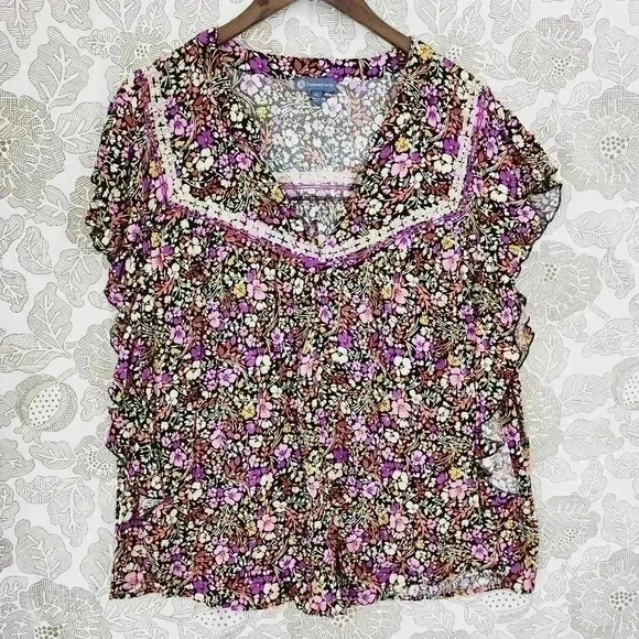 Democracy V neck Floral Ruffle Sleeve blouse 3X - Picture 1 of 7